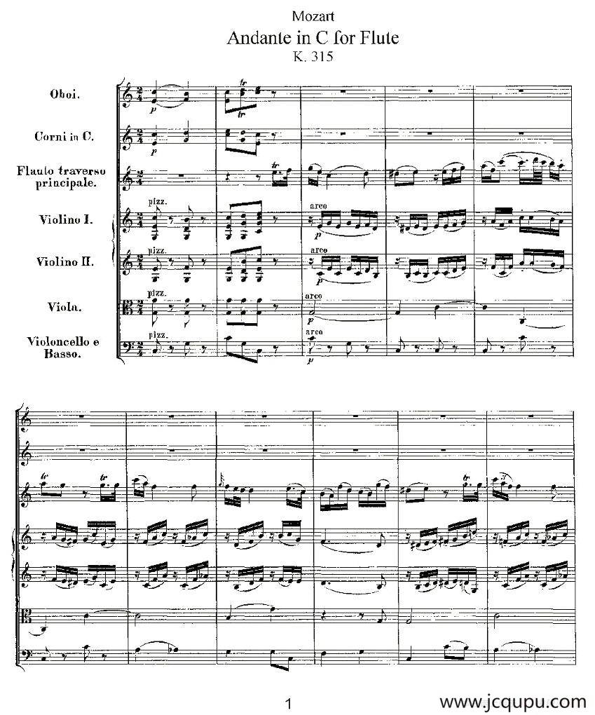 Andante in C for Flute, K.315（C大调长笛的行板、总谱）简谱