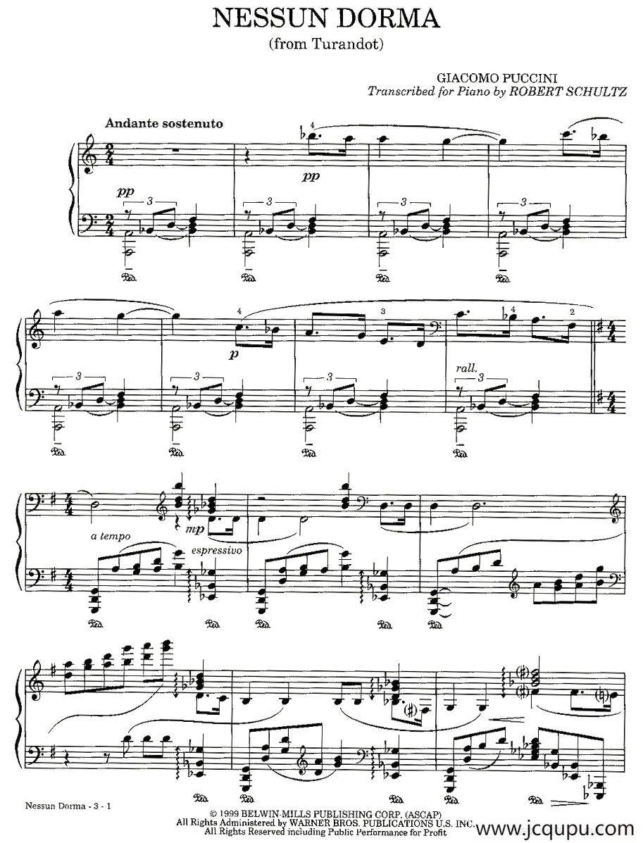 今夜无人入眠（歌剧《图兰朵》选曲）简谱