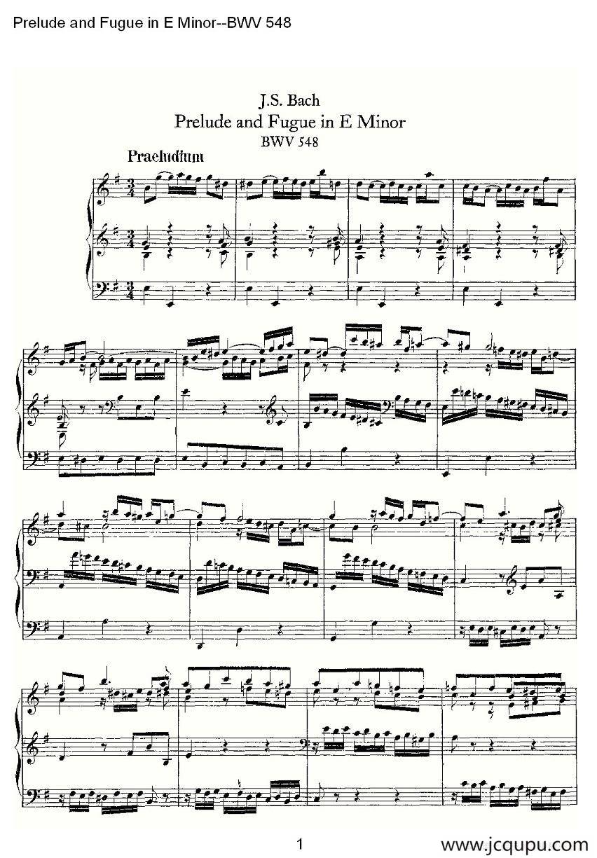 Prelude and Fugue in E Minor--BWV 548 （管风琴谱）简谱