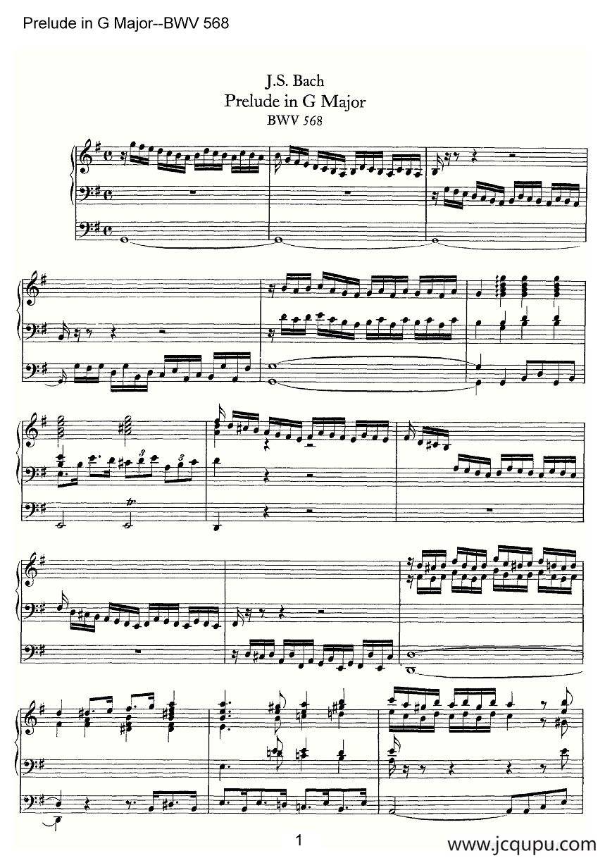 Prelude in G Major--BWV 568（管风琴谱）简谱