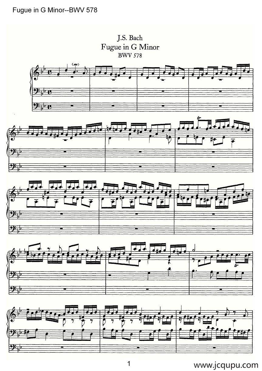 Fugue in G Minor--BWV 578（管风琴谱）简谱