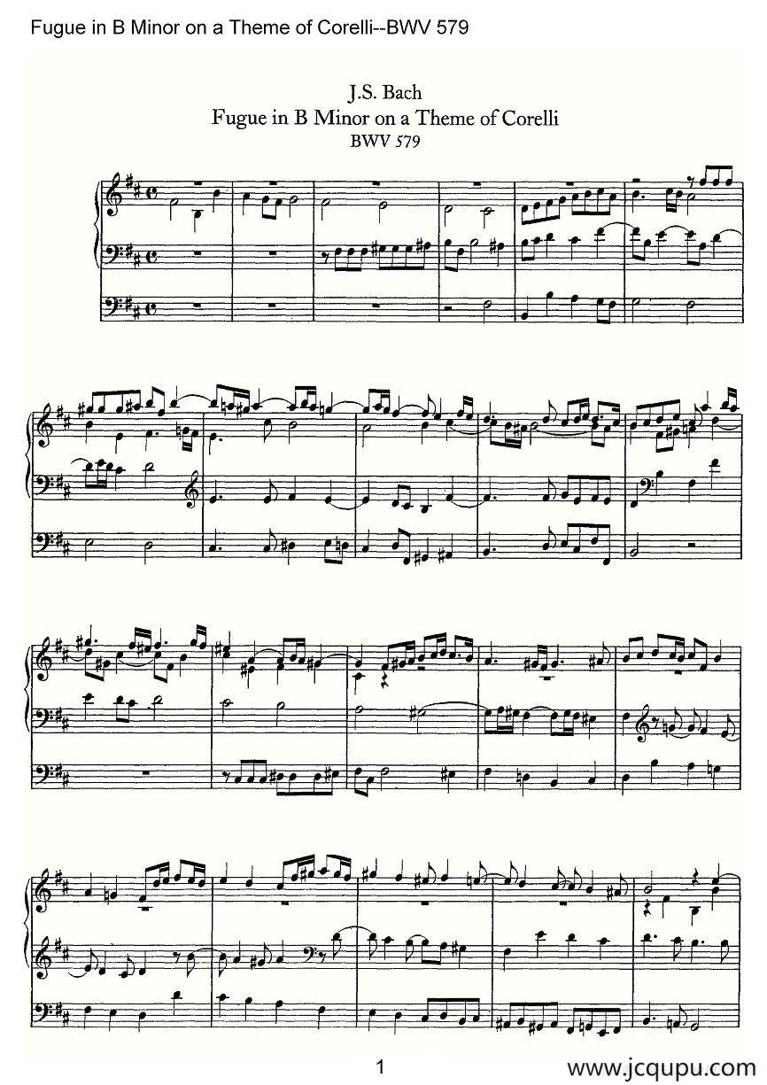 Fugue in B Minor on a Theme of Corelli--BWV 579（管风琴谱）简谱
