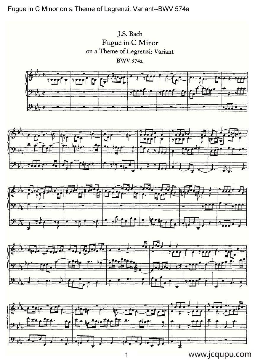 Fugue in C Minor on a Theme of Legrenzi: Variant--BWV 574a（管风琴）简谱