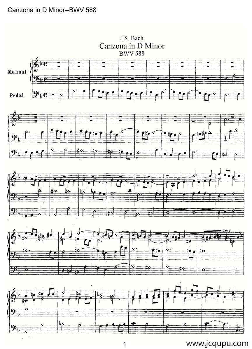 Canzona in D Minor--BWV 588（管风琴谱）简谱