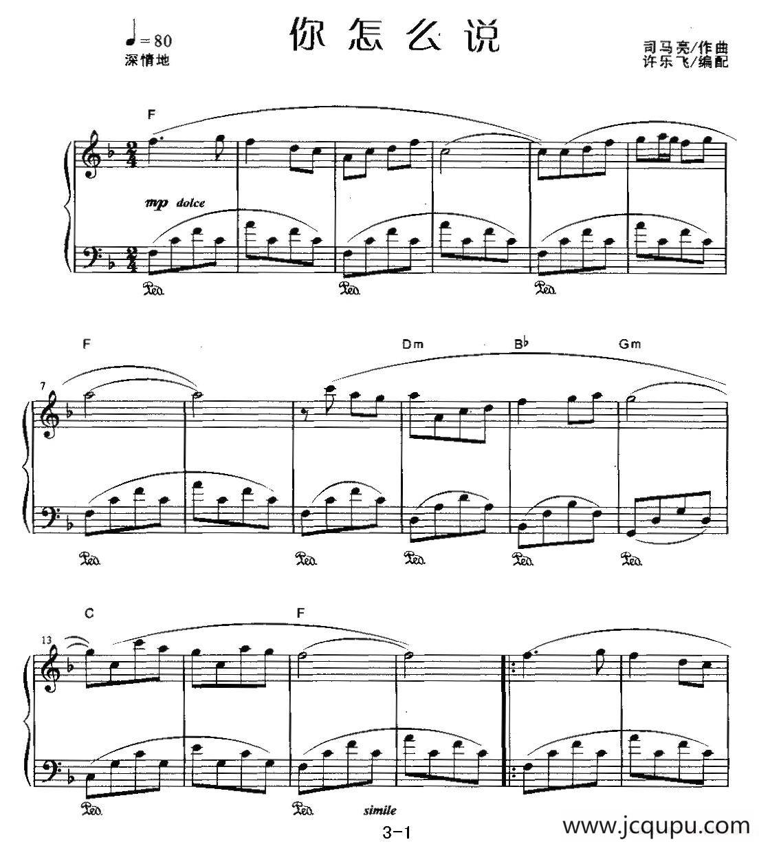 你怎么说（许乐飞编配版）简谱