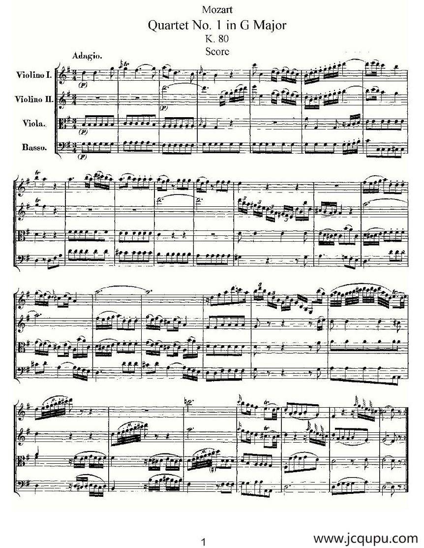 Quartet No. 1 in G Major, K. 80 （G大调第一弦乐四重奏）简谱