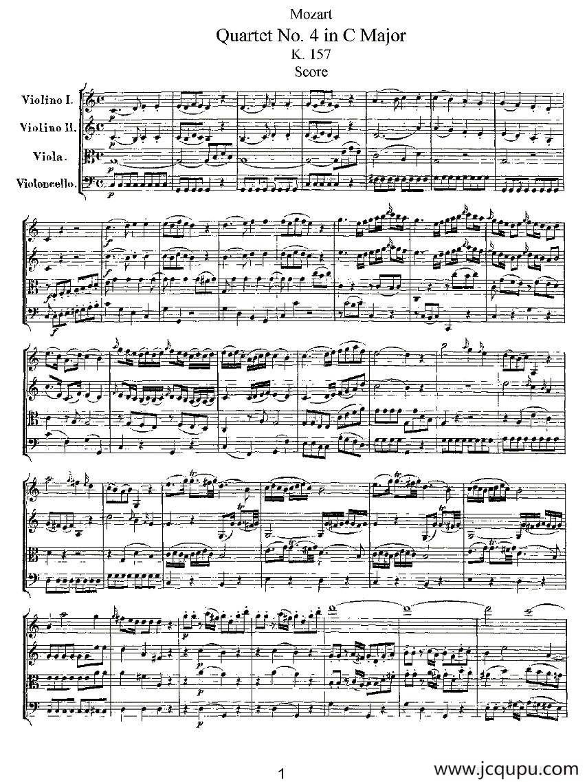 Quartet No. 4 in C Major, K. 157（C大调第四弦乐四重奏）简谱