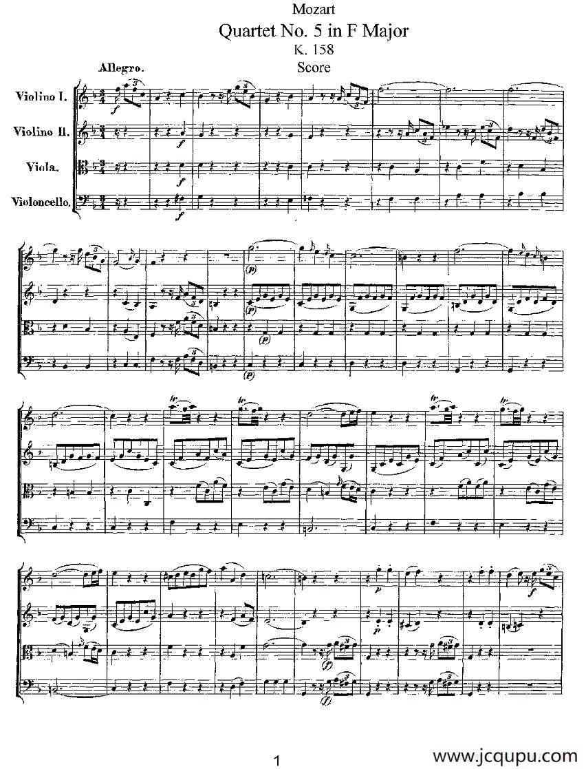 Quartet No. 5 in F Major, K. 158（F大调第五弦乐四重奏）简谱