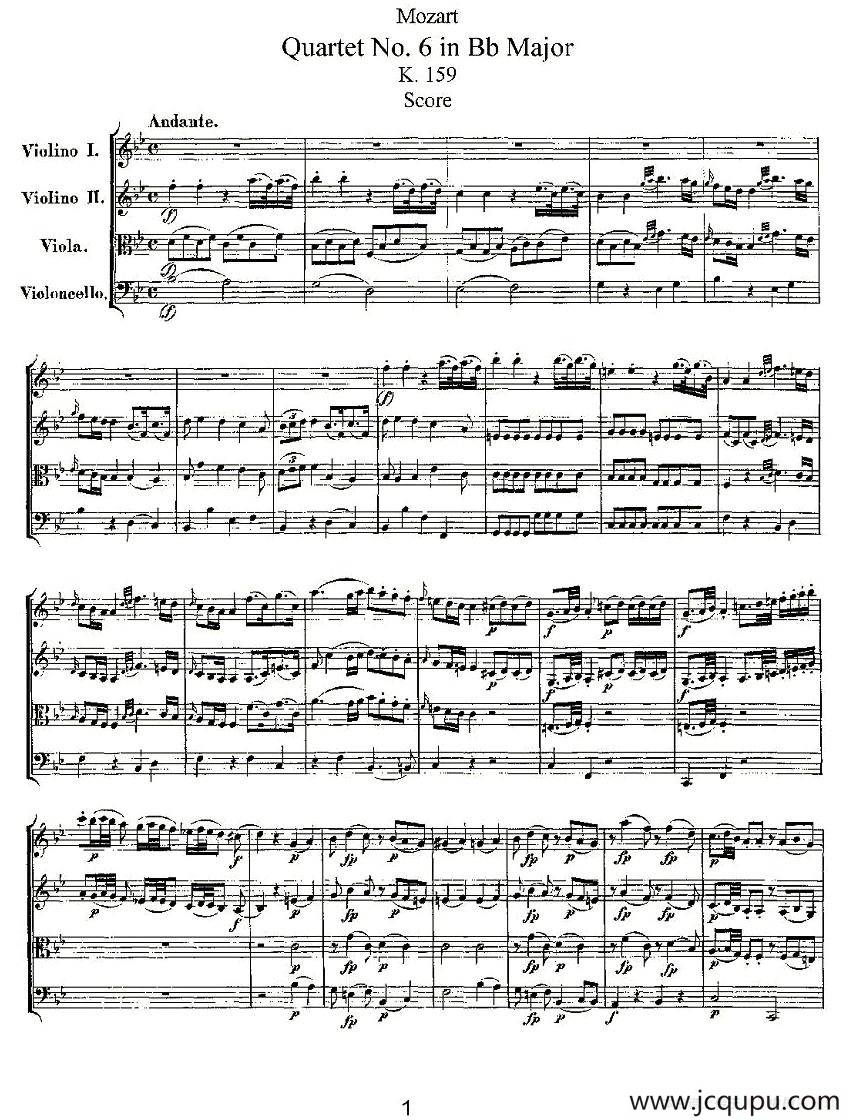 Quartet No. 6 in Bb Major, K. 159（降B大调第六弦乐四重奏）简谱