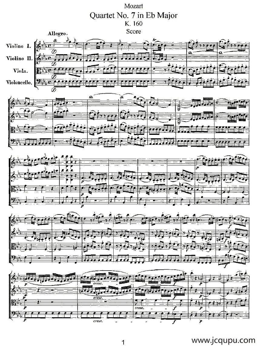 Quartet No. 7 in Eb Major, K. 160（降E大调第七弦乐四重奏）简谱