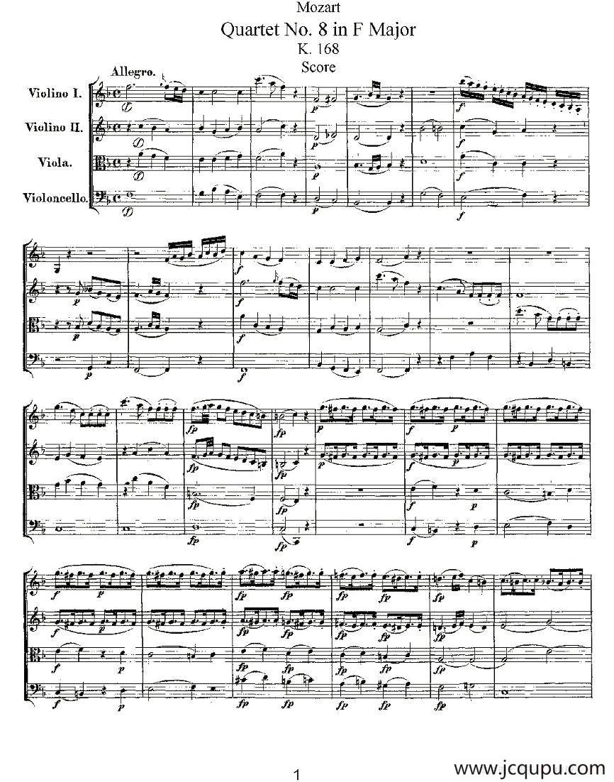 Quartet No. 8 in F Major, K. 168（F大调第八弦乐四重奏）简谱