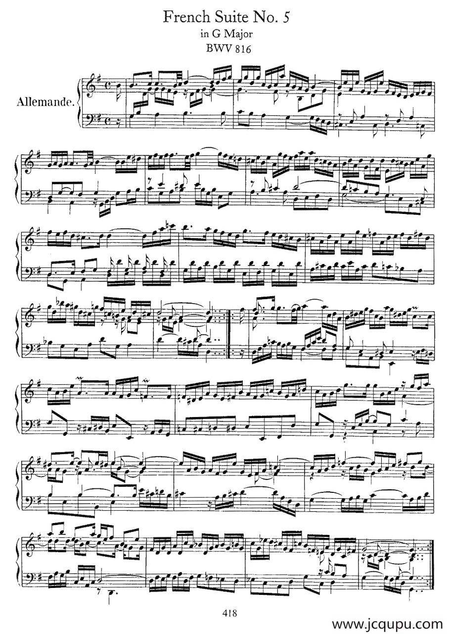 法国组曲之五：G大调简谱