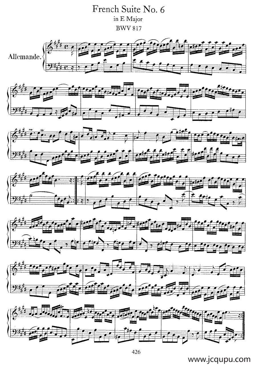 法国组曲之六：E大调 简谱