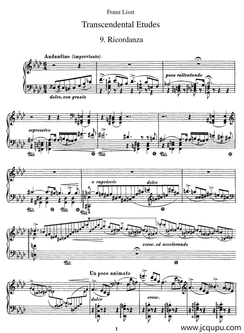 12首超级技巧练习曲：Ricordanza（回忆）简谱