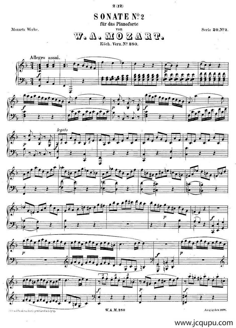 F大调第二钢琴奏鸣曲 KV.280简谱