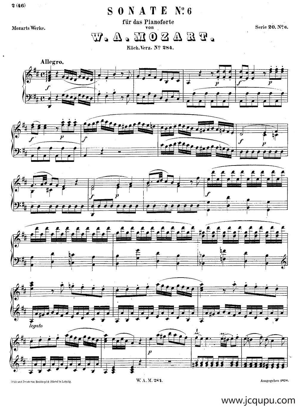 D大调第六钢琴奏鸣曲 KV.284简谱