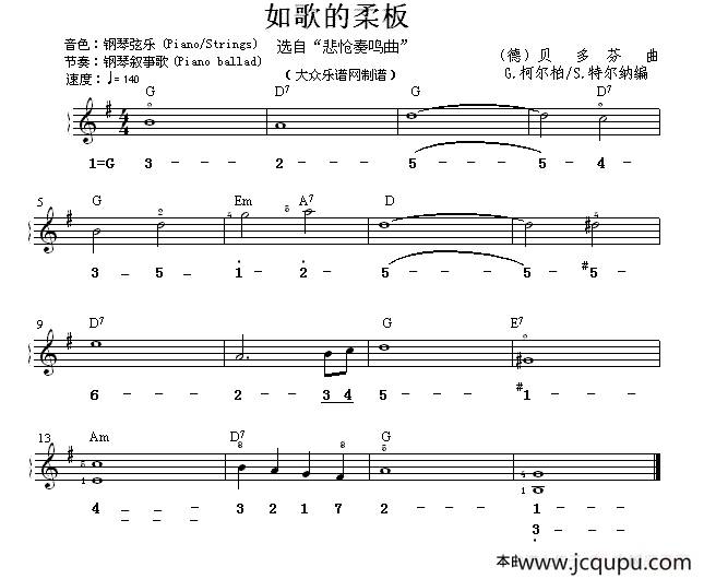 如歌的柔板（选自《悲呛奏鸣曲》）（双谱式电子琴谱）简谱
