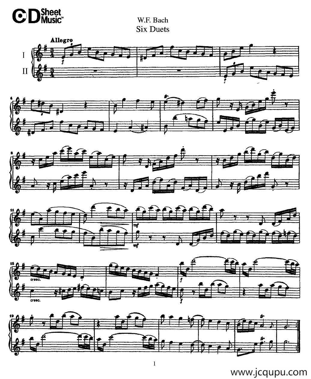 W.F.巴赫—六首二重奏练习曲（1）简谱