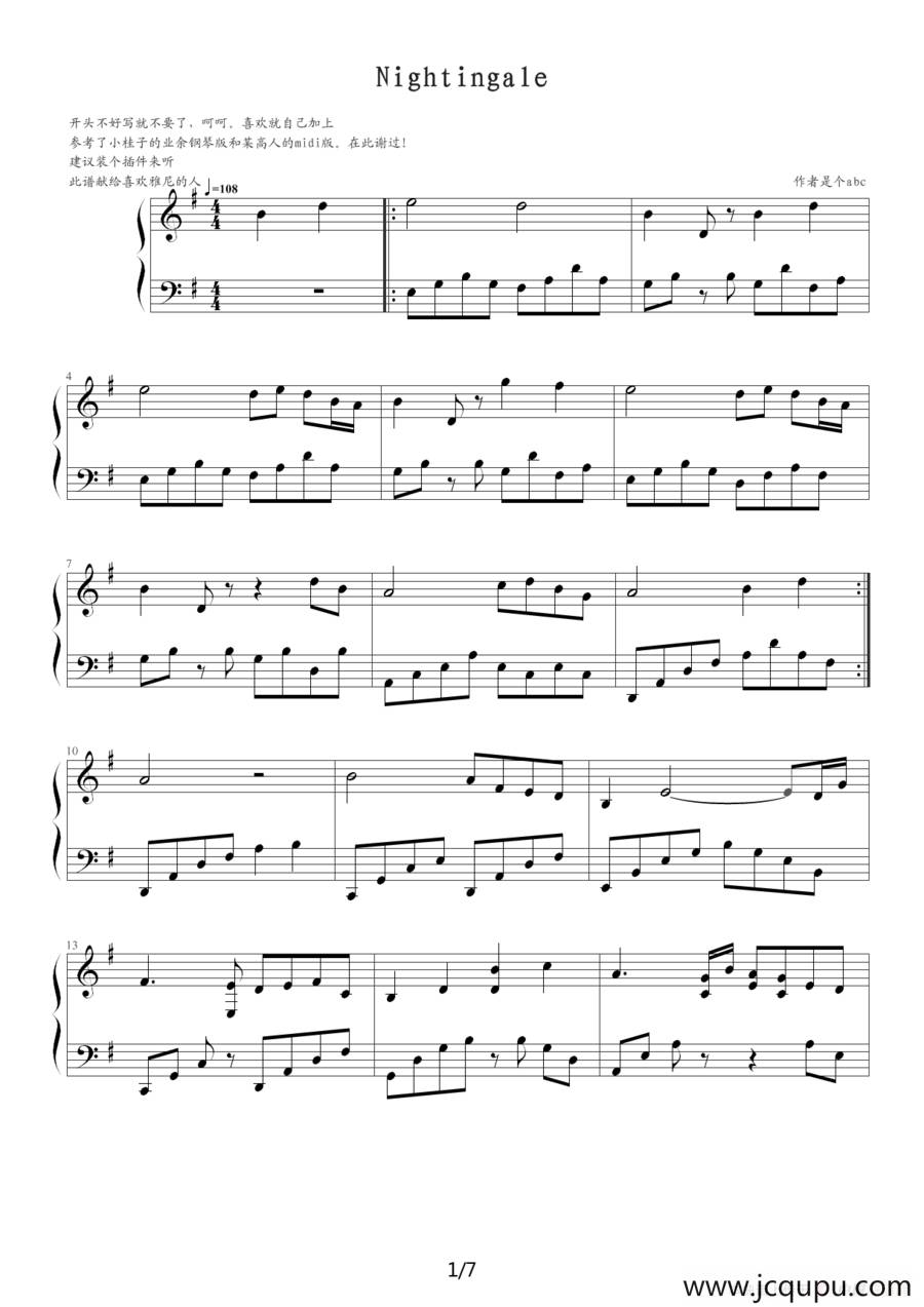 Nightingale（夜莺）简谱