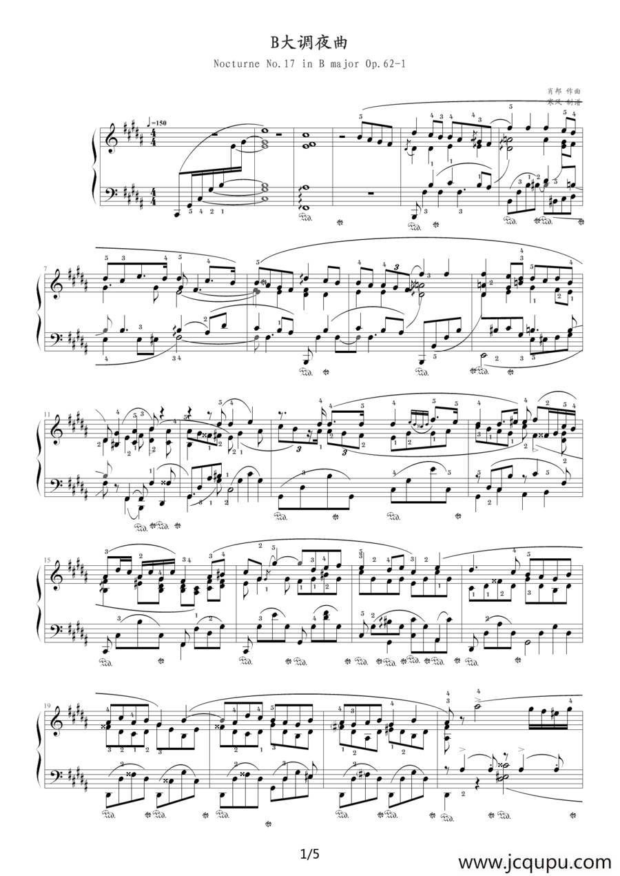 B大调夜曲，Op.62,No.1（肖邦第17号夜曲）简谱