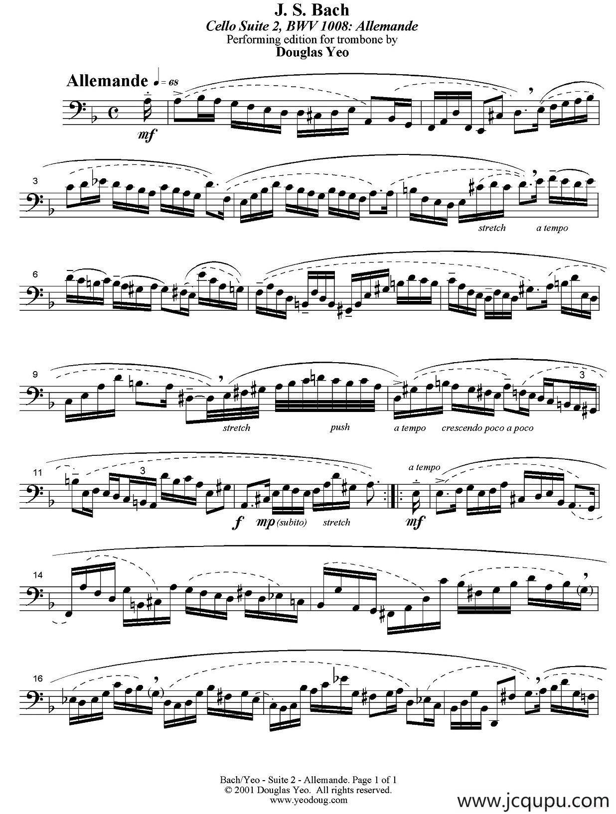 Douglas Yeo - Allemande（阿勒曼德舞曲）（低音长号）简谱