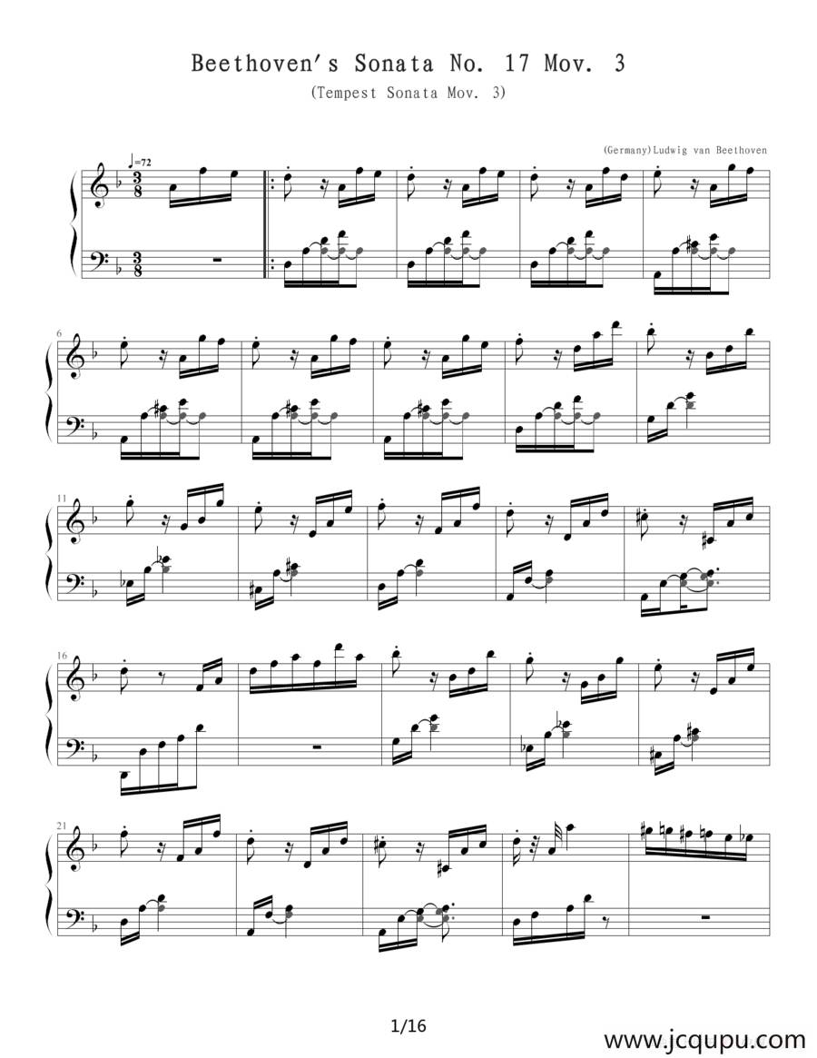 暴风雨（Beethoven's Sonata NO.17 Mov.3 ）简谱