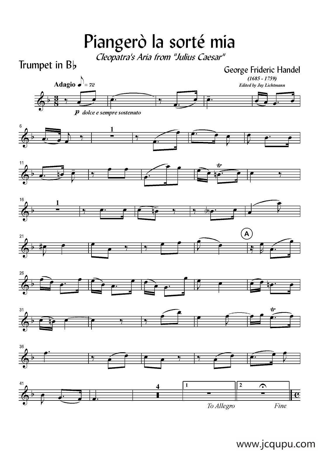 Piangero la sorte mia（小号谱）简谱