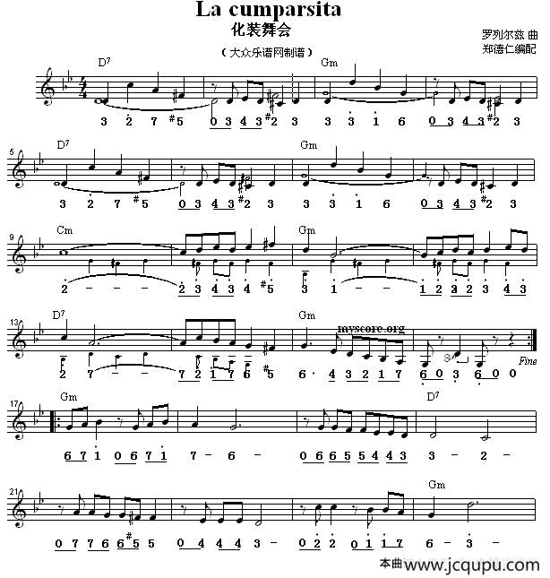 La cumparsita（化装舞会） （探戈舞曲、旋律+和弦标记）简谱