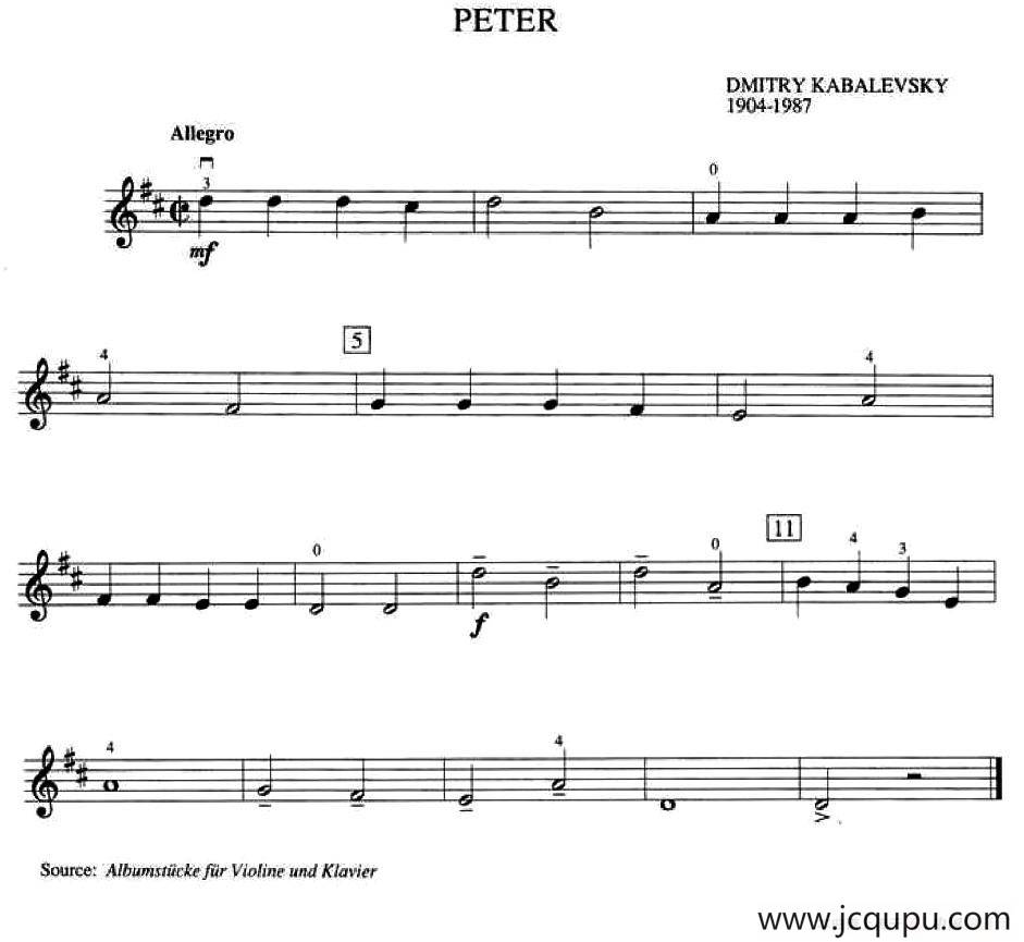 Dmitry Kabalevsky Peter（加拿大小提琴考级·预备级）简谱