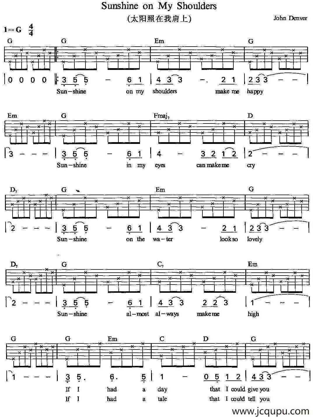 Sunshine on My Shoulders（太阳照在我肩上）简谱