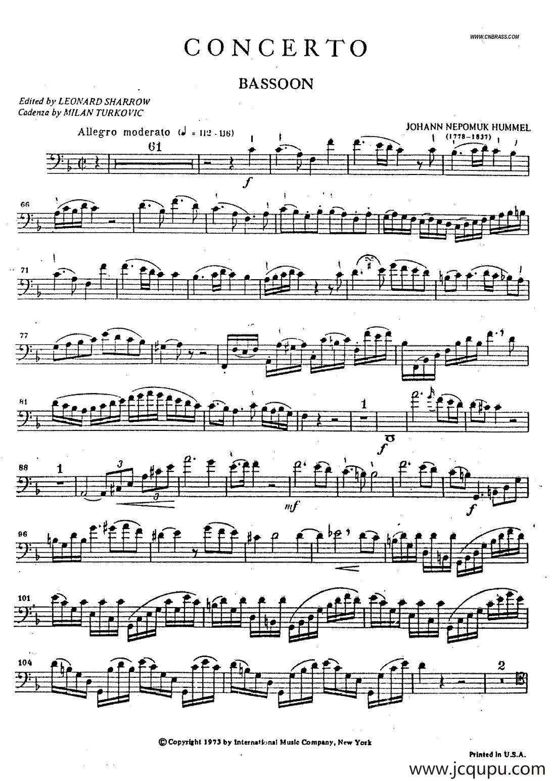humel - CONCERTO bassoon（胡梅尔 - 巴松协奏曲）简谱