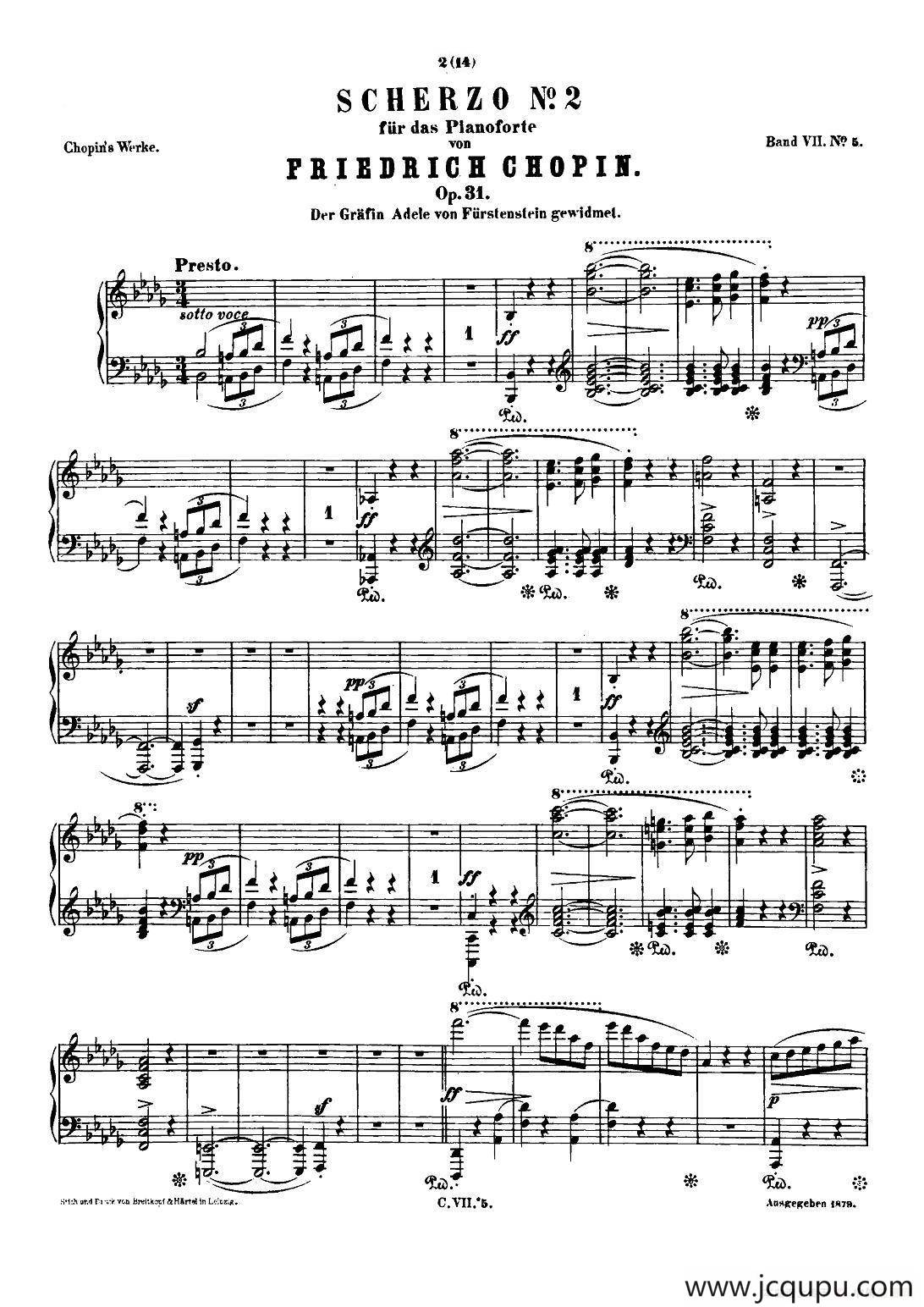 肖邦 钢琴谐谑曲 Chopin Scherzo（No.2 降b小调，Op.31）简谱