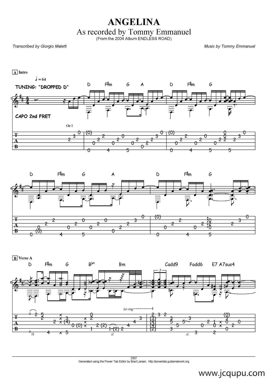 tommy emmanuel：angelina（指弹吉他）简谱