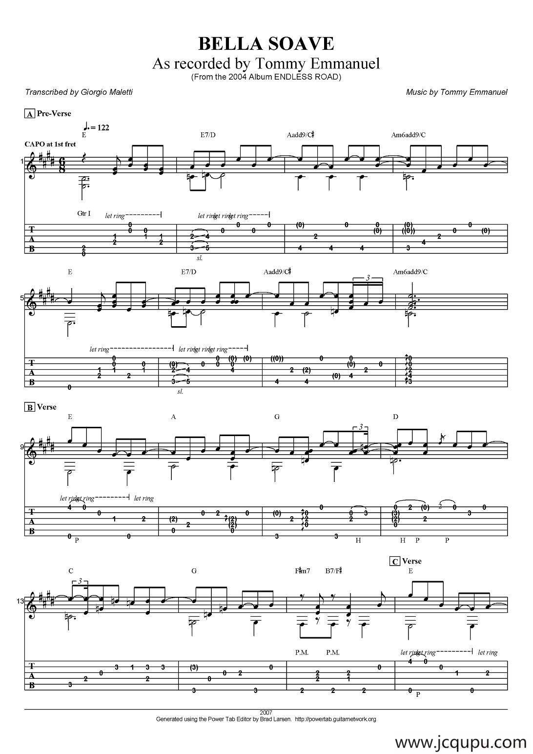 tommy emmanuel：bella soave简谱