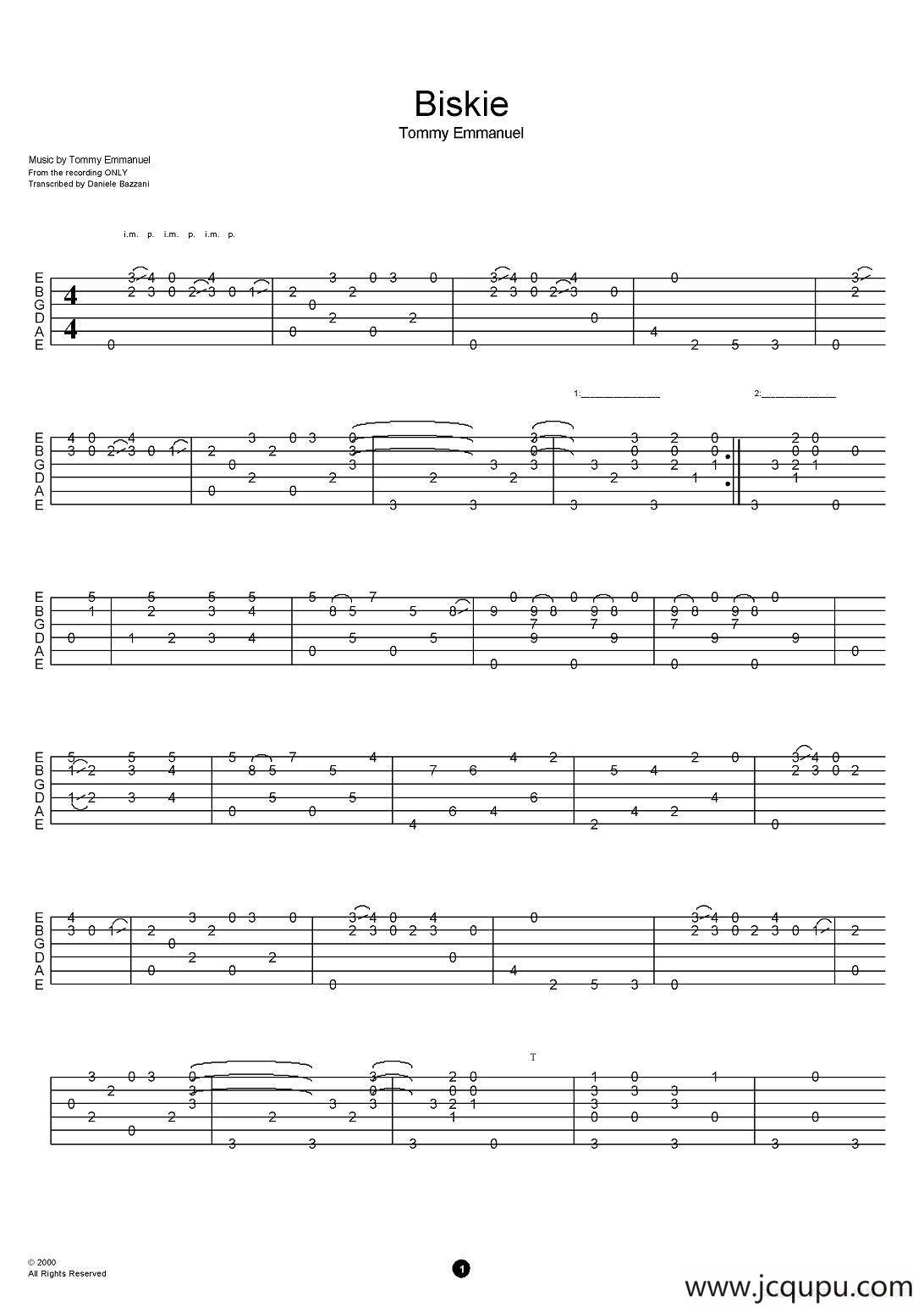 tommy emmanuel：biskie（指弹吉他）简谱