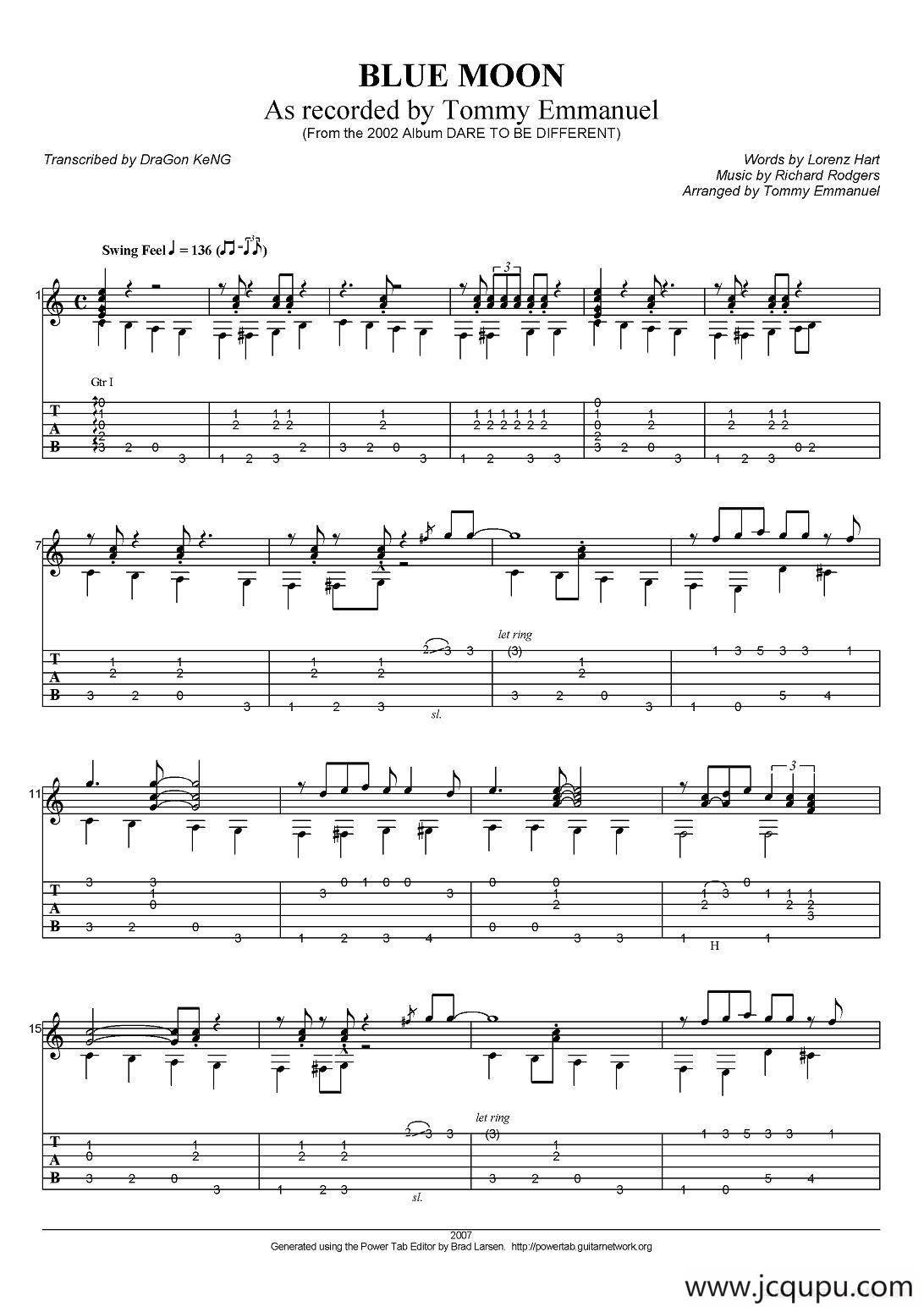 tommy emmanuel：blue moon（指弹吉他）简谱