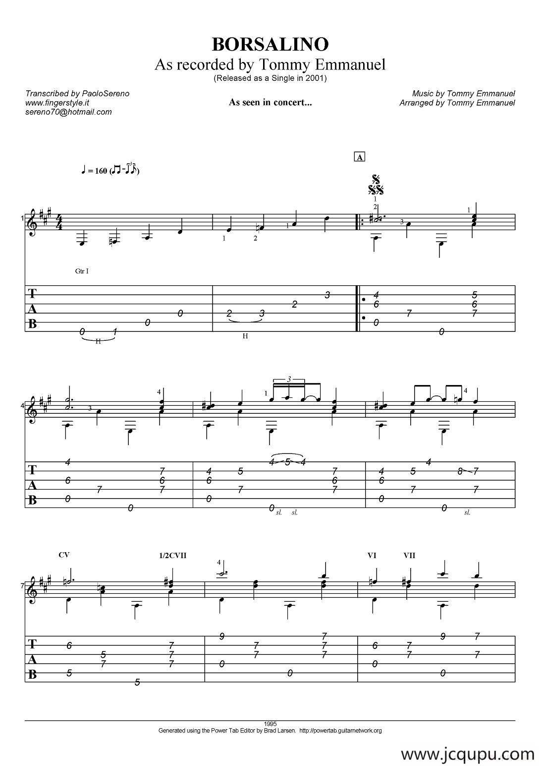 tommy emmanuel：borsalino（指弹吉他）简谱