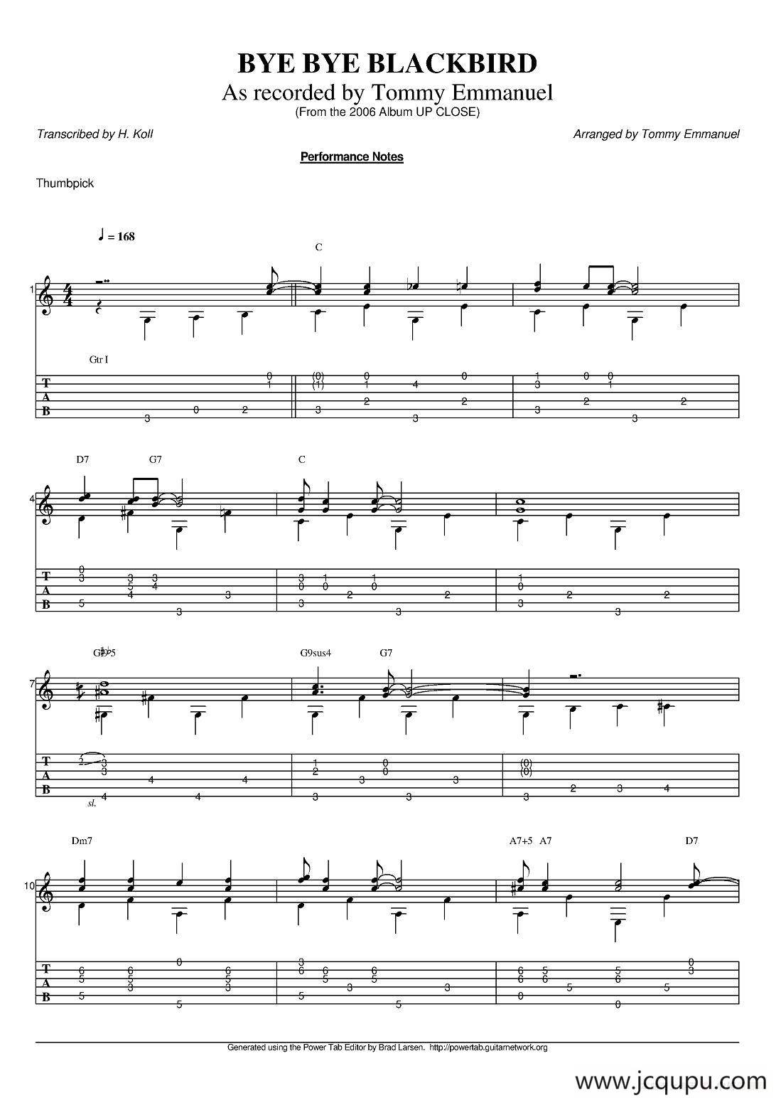 tommy emmanuel：bye bye blackbird（指弹吉他）简谱