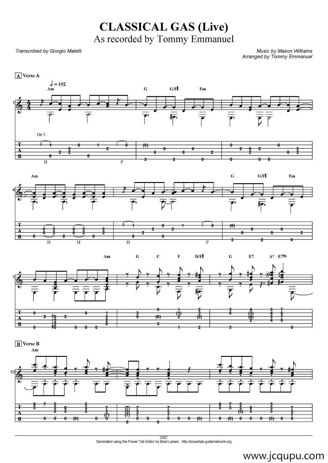 tommy emmanuel：classical gas（指弹吉他）简谱