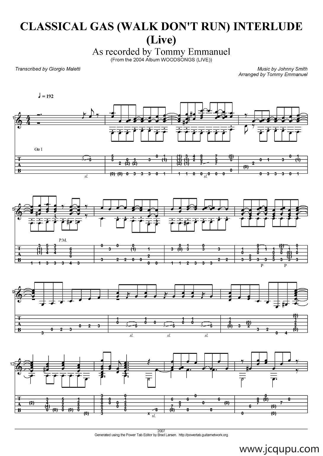 tommy emmanuel：classical gas（walk dont run）interlude简谱