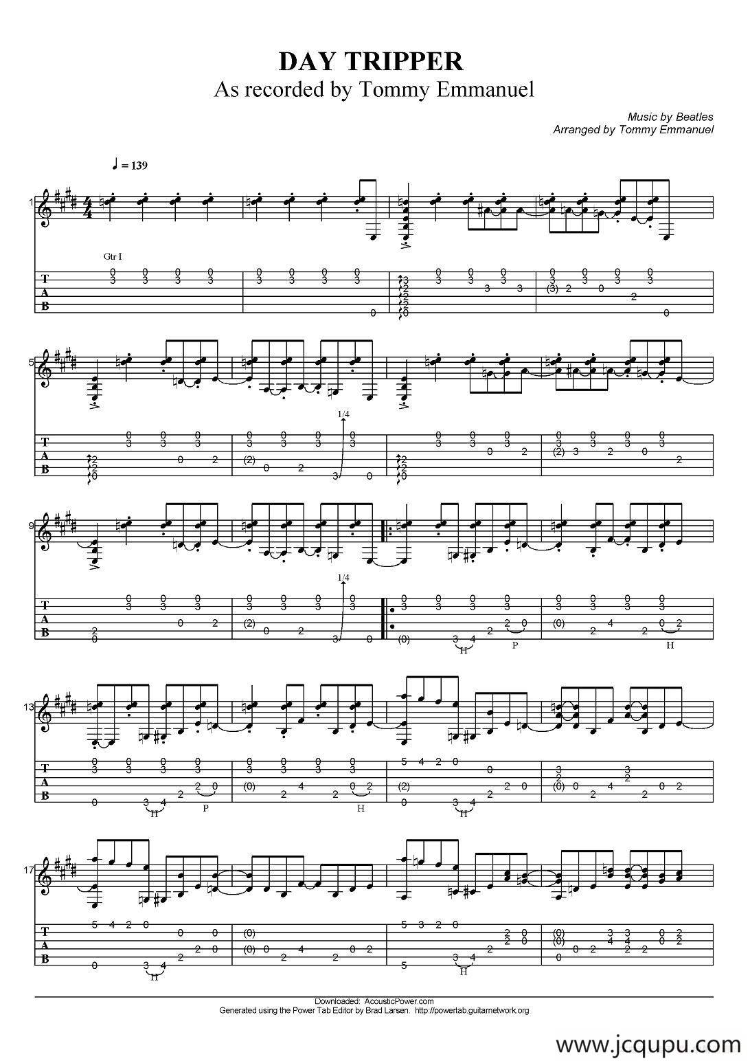 tommy emmanuel：day tripper（指弹吉他）简谱