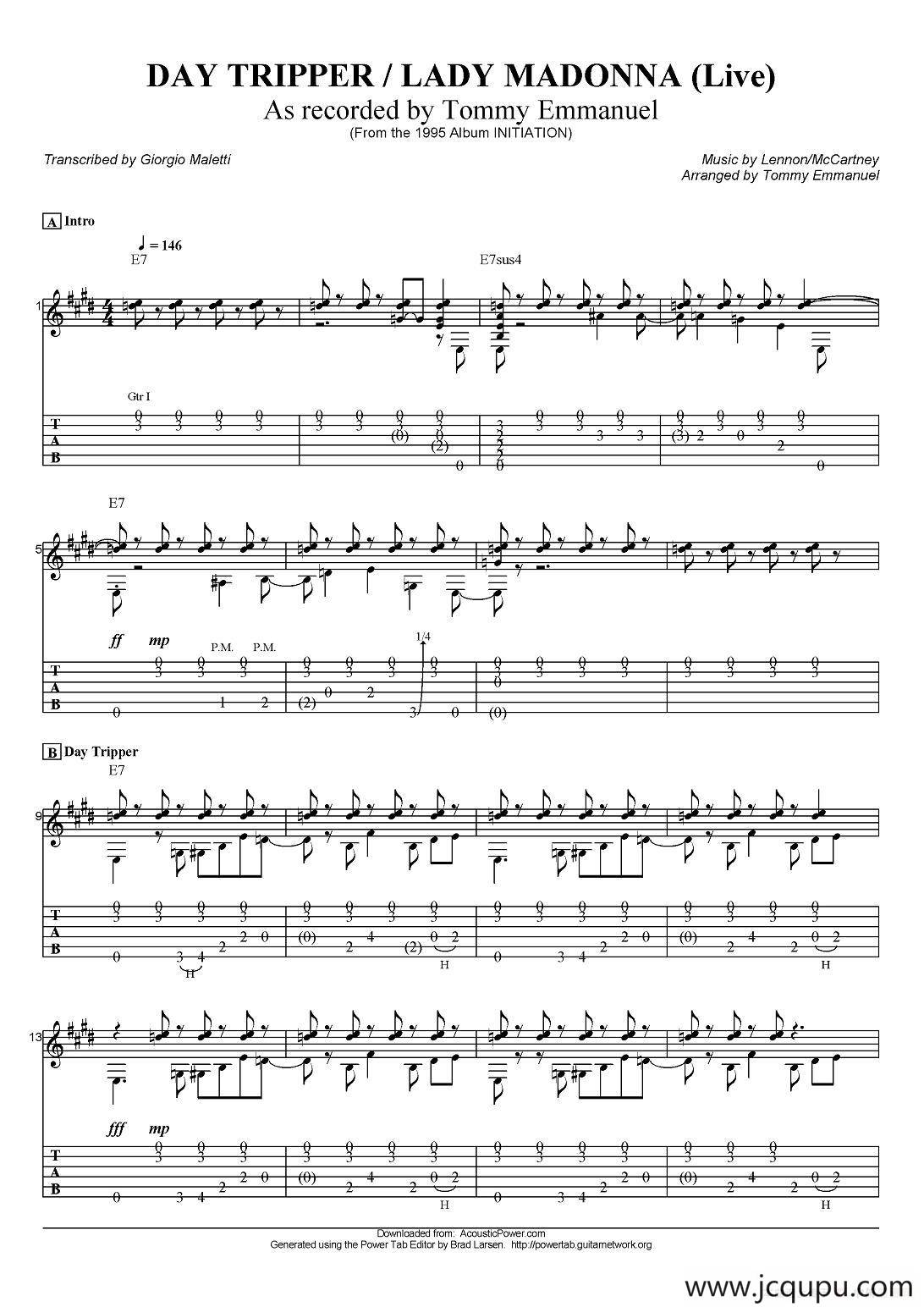 tommy emmanuel:day tripper/lady madonna（指弹吉他）简谱