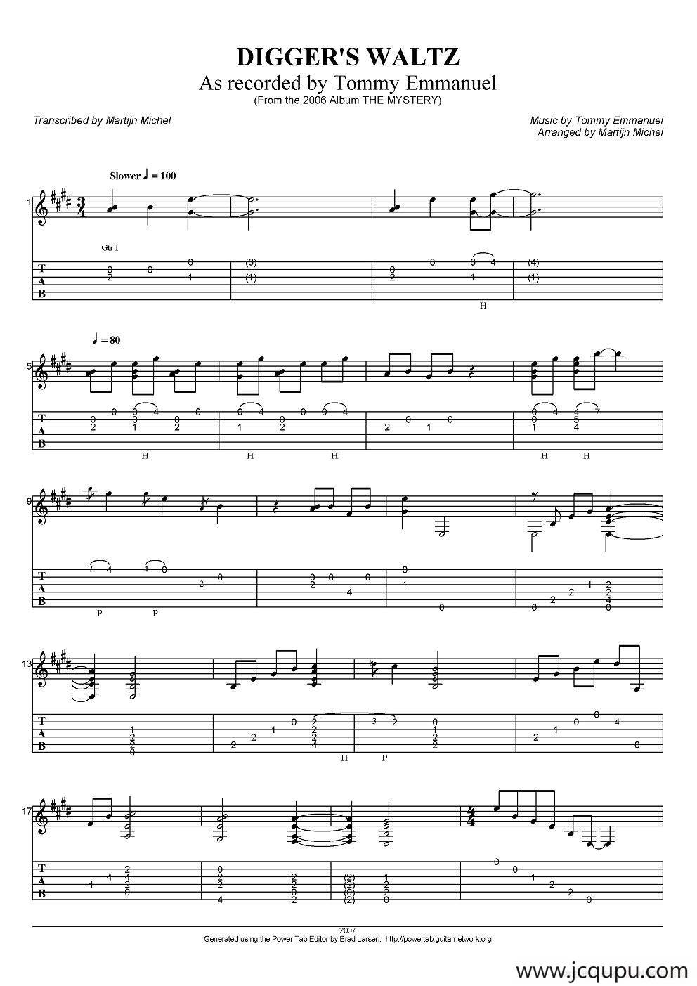 tommy emmanuel：diggers waltz（指弹吉他）简谱
