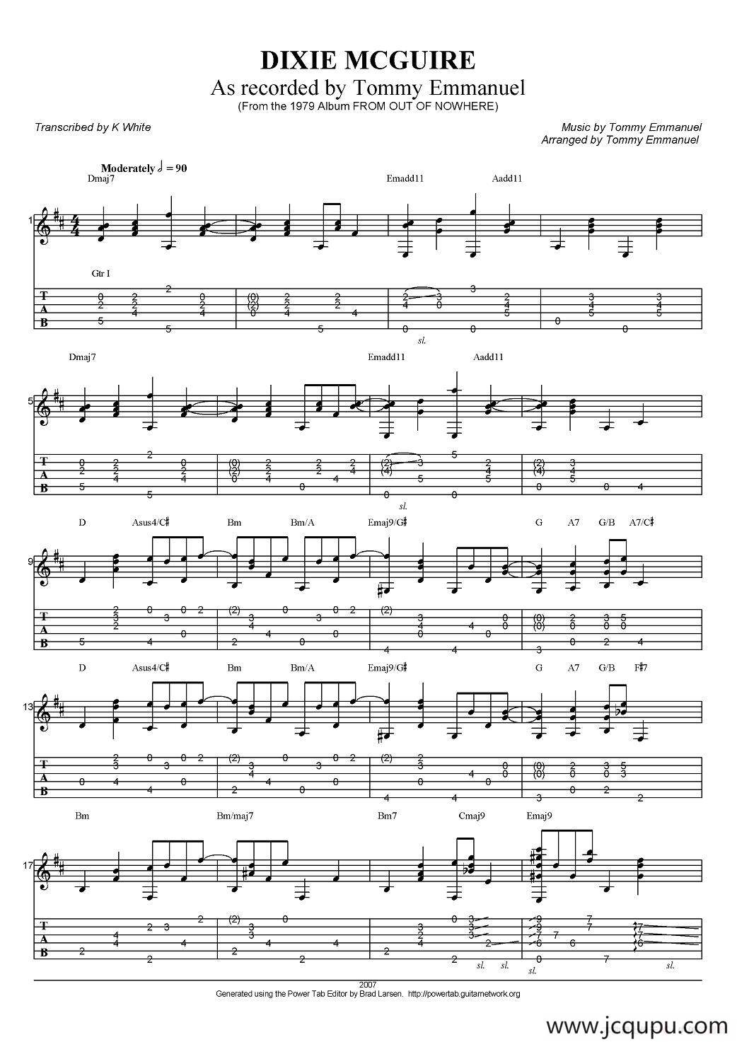 tommy emmanuel：dixie mcguire（指弹吉他）简谱