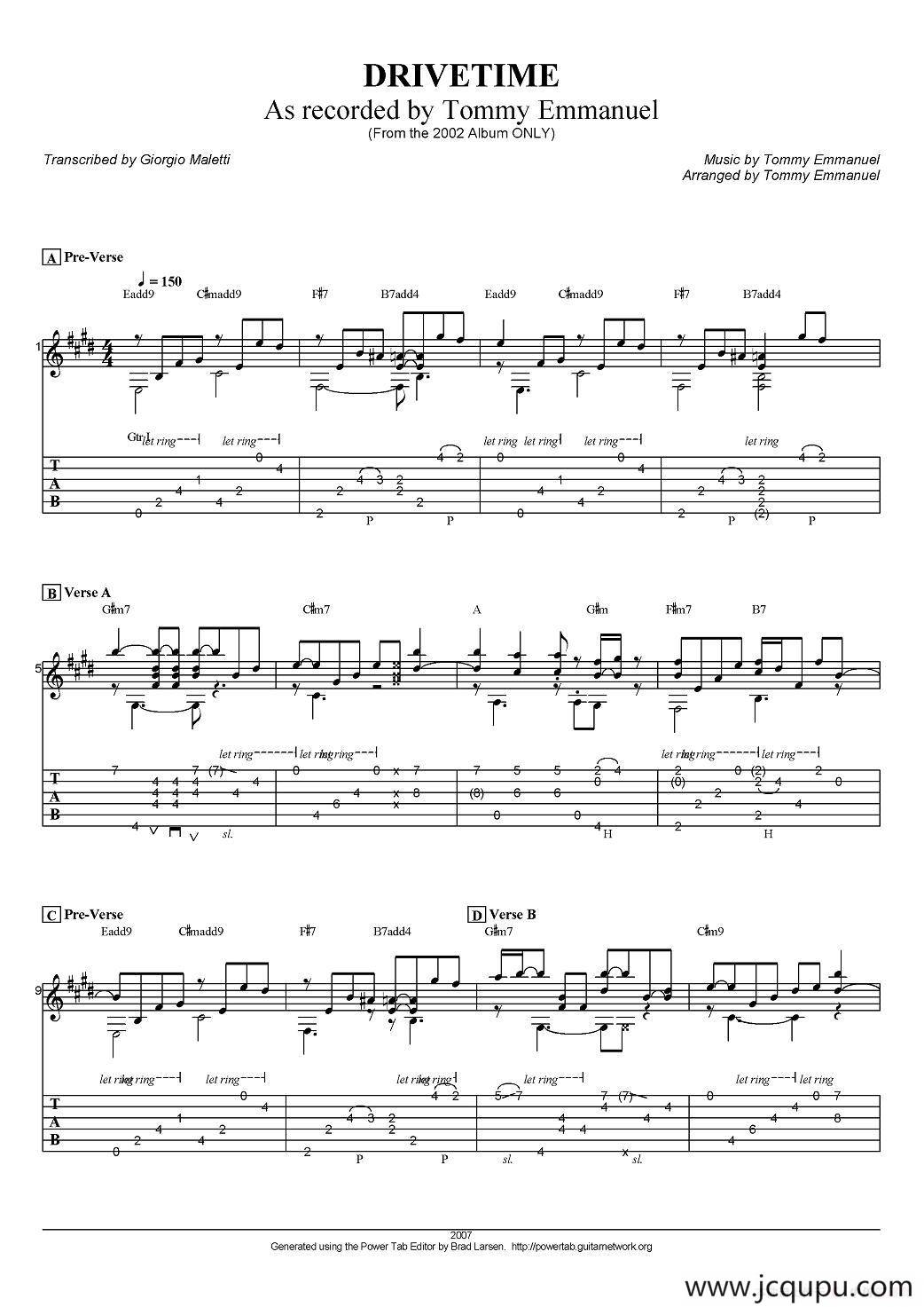 tommy emmanuel：drivetime（指弹吉他）简谱