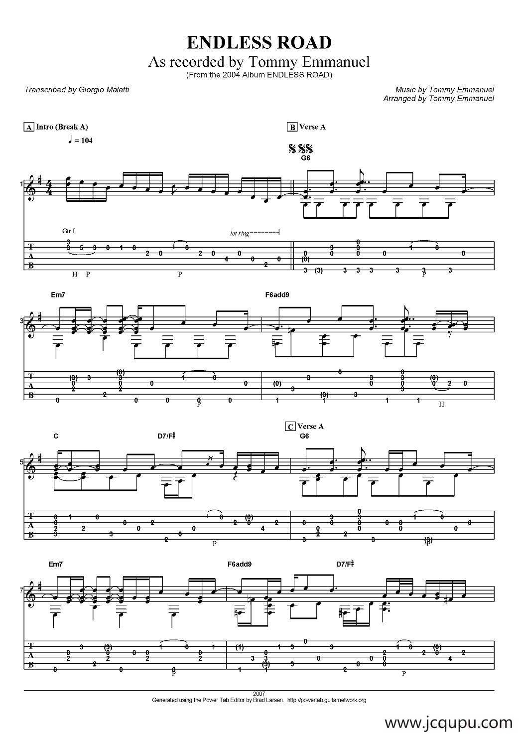 tommy emmanuel：endless road（指弹吉他）简谱