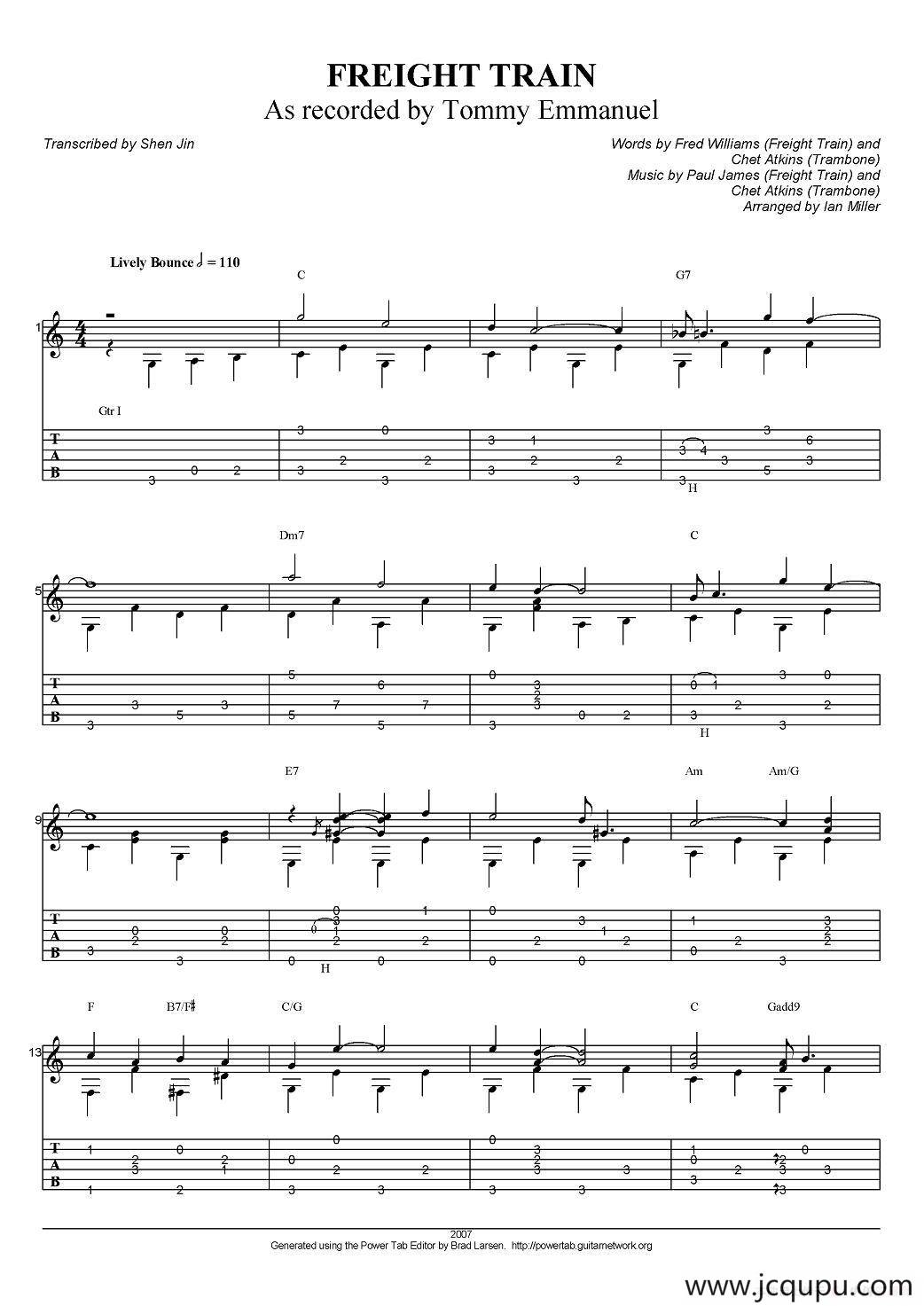 tommy emmanuel：freight train（指弹吉他）简谱