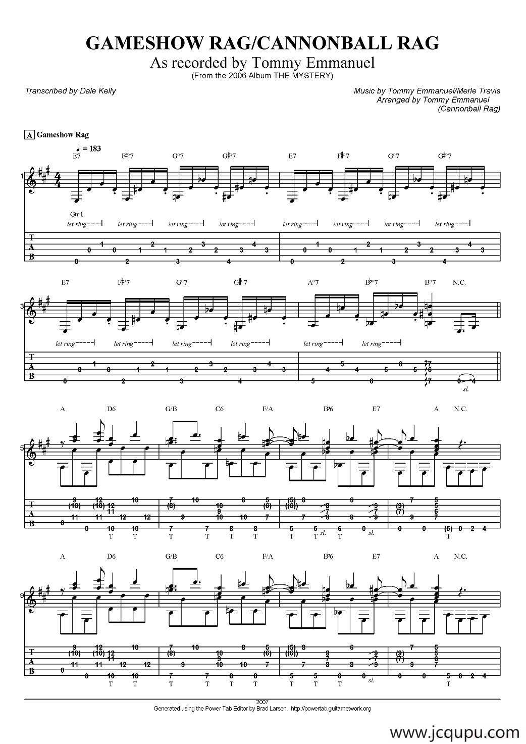 tommy emmanuel：gameshow rag/cannonball rag（指弹吉他）简谱