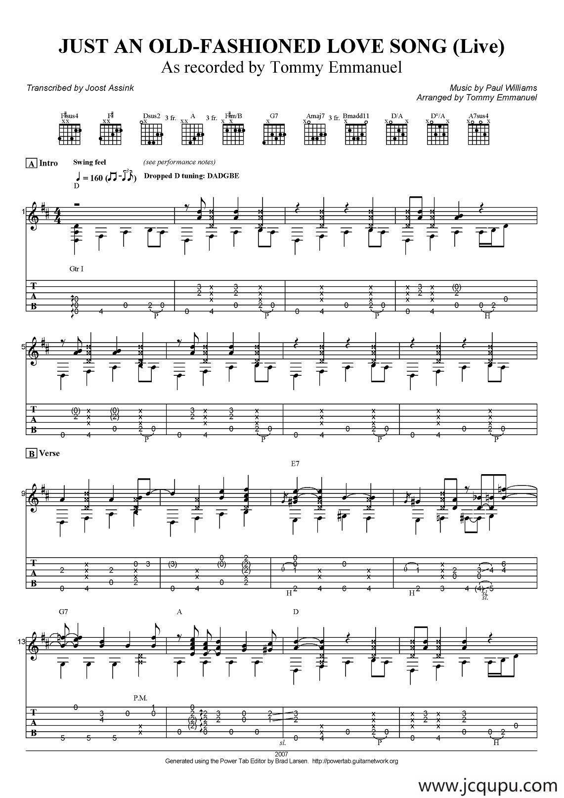 tommy emmanuel：just an old fashioned love song（指弹吉他）简谱