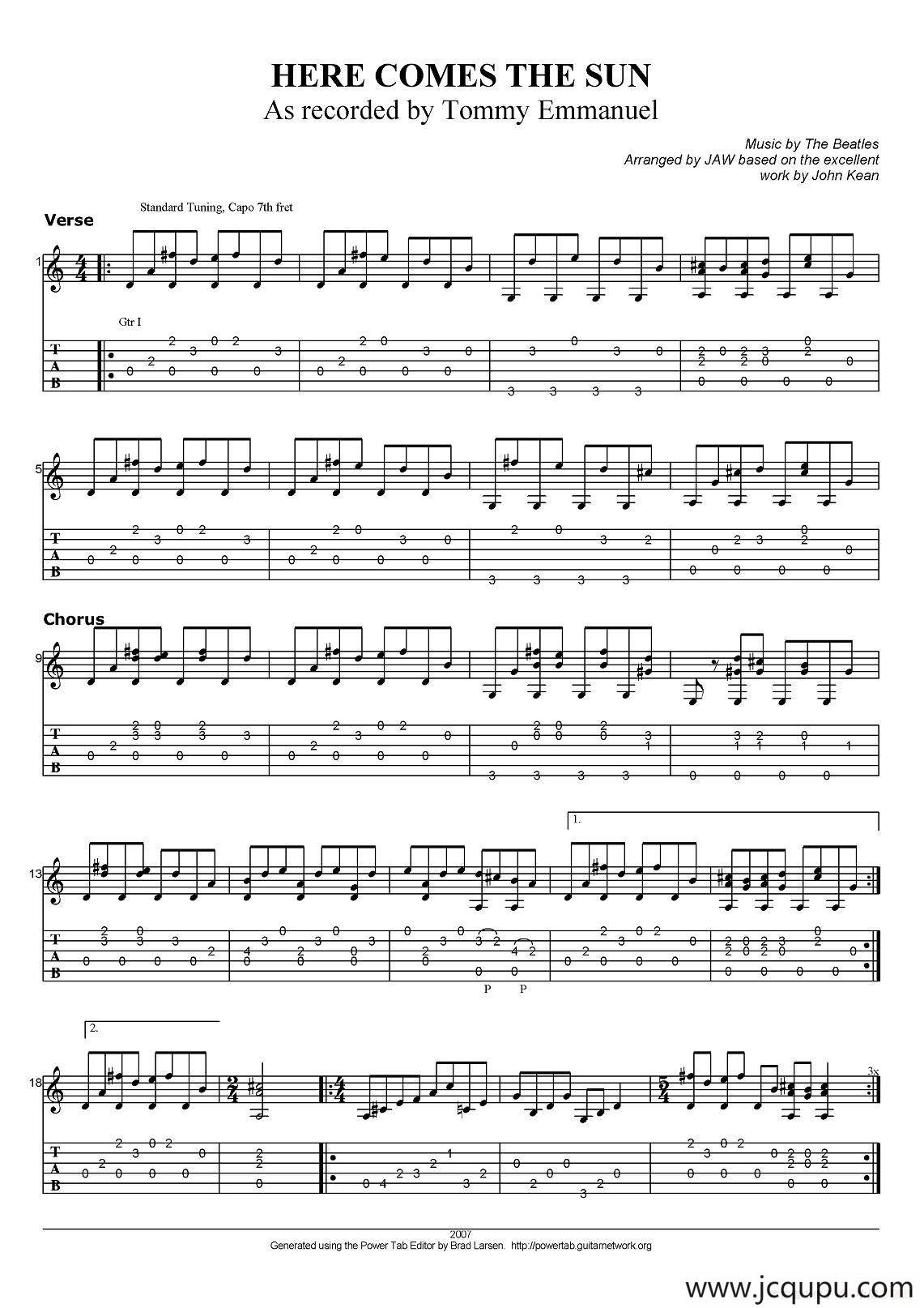 tommy emmanuel：here comes the sun（指弹吉他）简谱